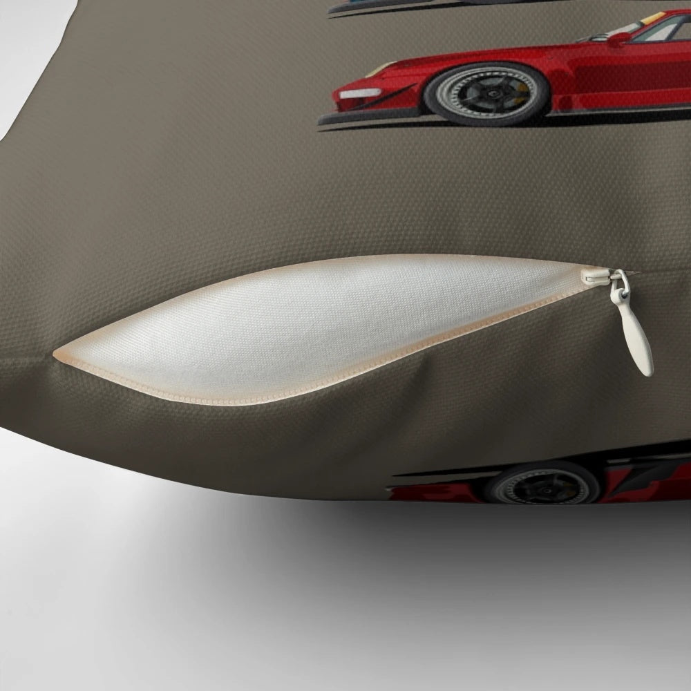 A Porsche 911-inspired throw pillow featuring the iconic Rauh Welt design, perfect for classic car and automotive photography enthusiasts.