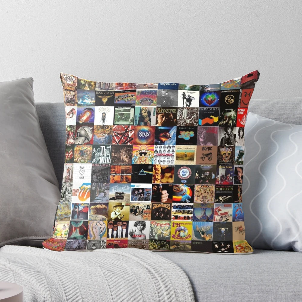 Vintage classic rock album covers collage printed on a plush pillow