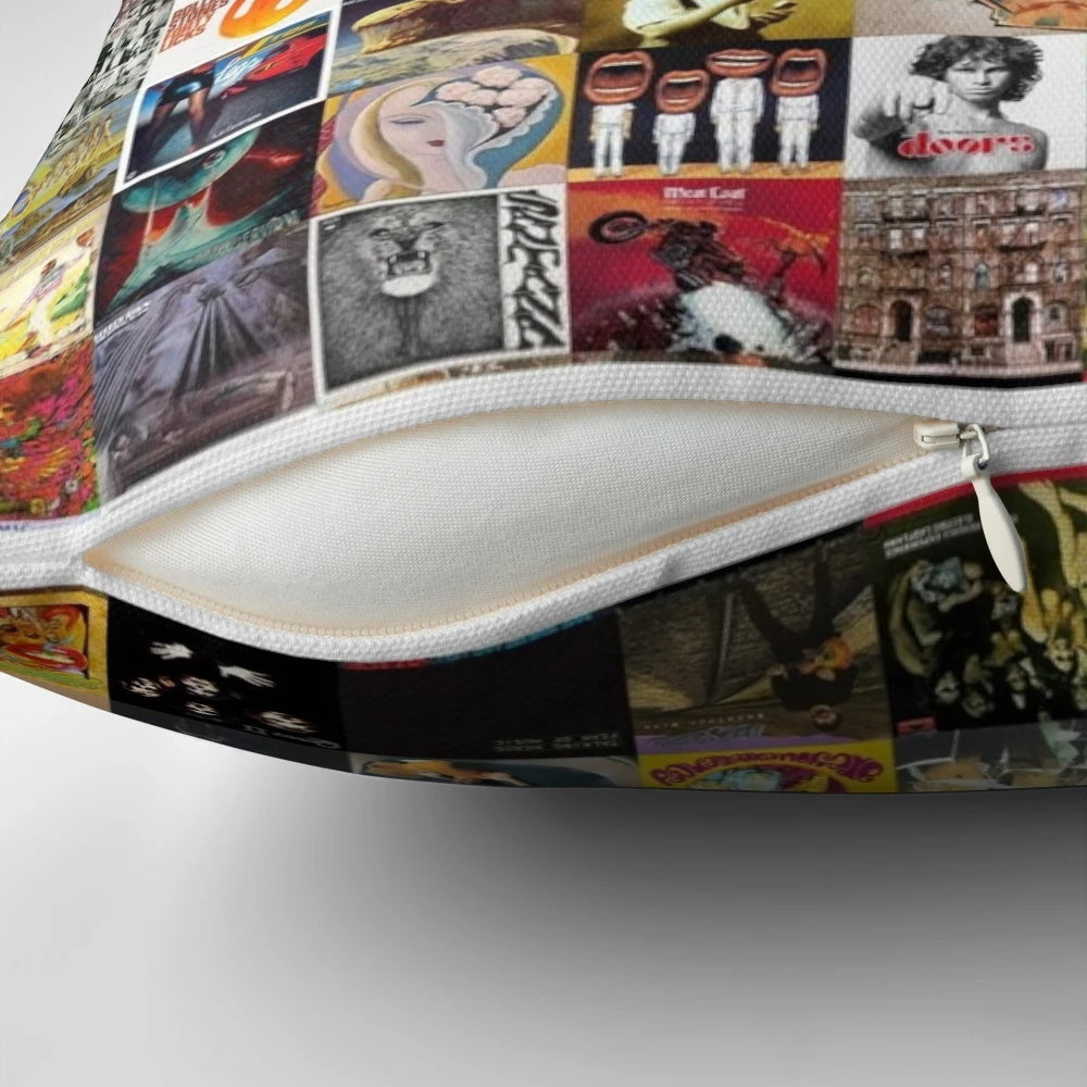 Vintage classic rock album covers collage printed on a plush pillow