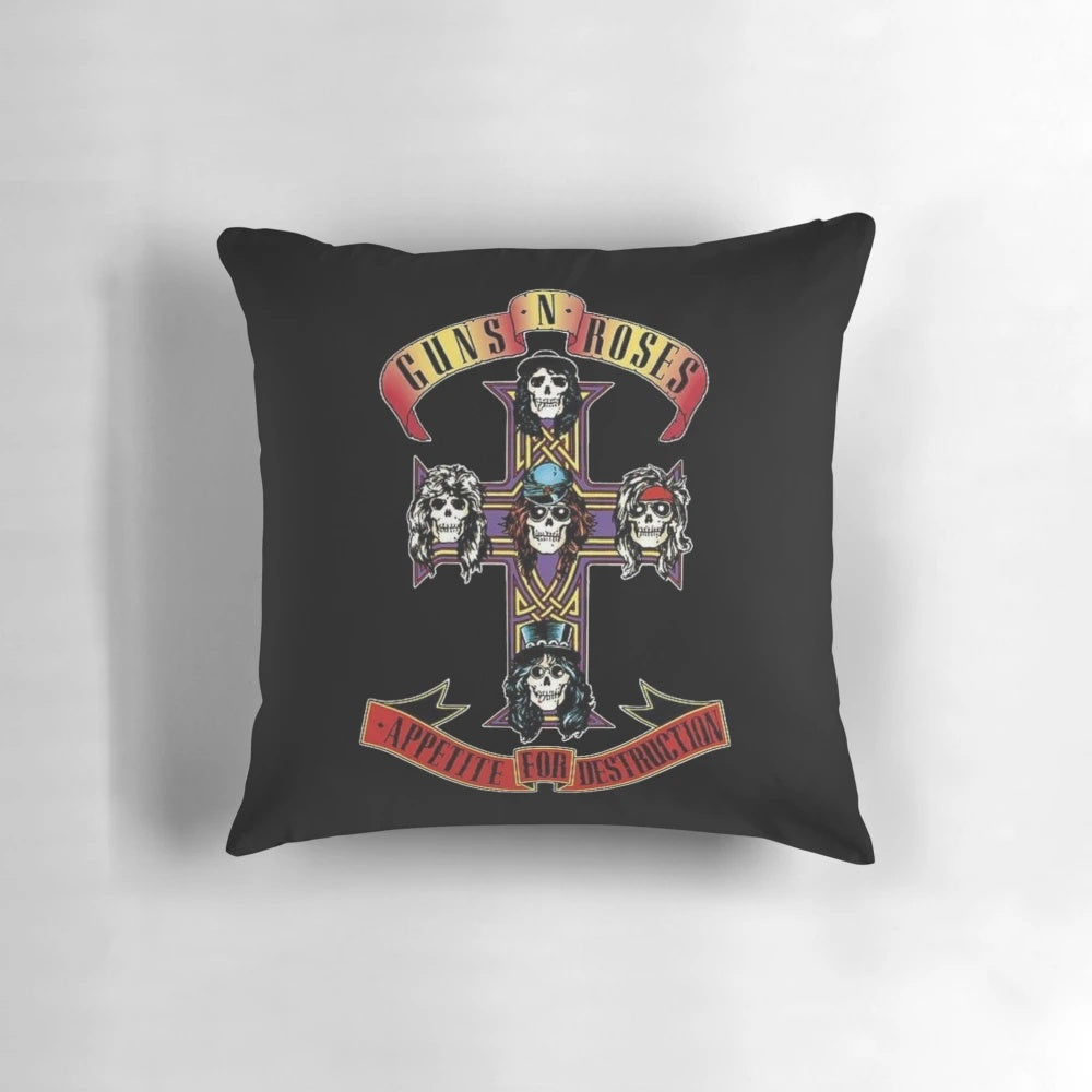 Classic Rock Lover's T-Shirt Pillow featuring iconic 80s and 90s hard rock bands like Guns N' Roses