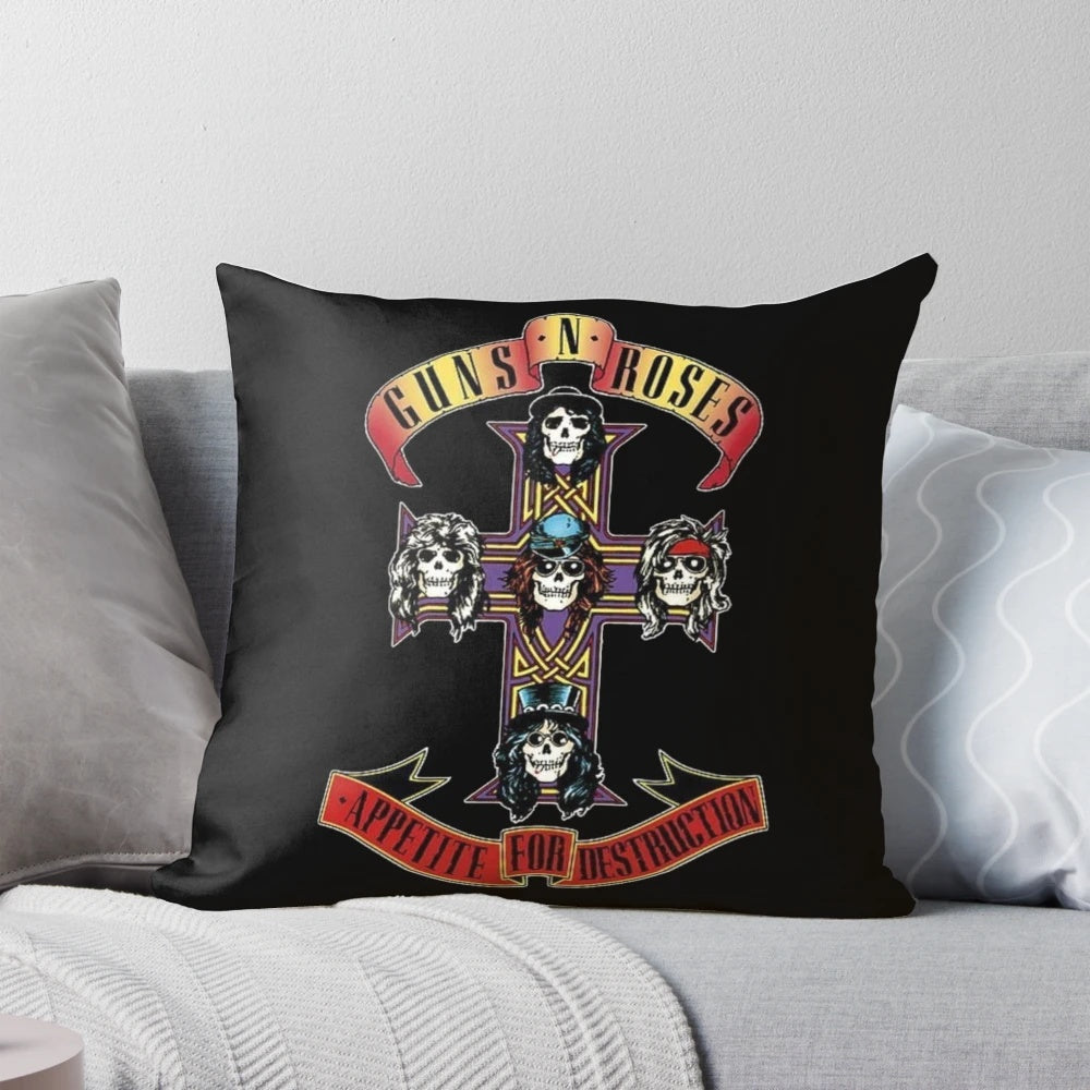 Classic Rock Lover's T-Shirt Pillow featuring iconic 80s and 90s hard rock bands like Guns N' Roses
