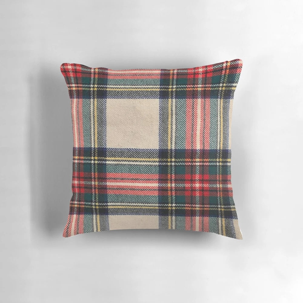 Scottish tartan pattern pillow with red, blue, and white colors