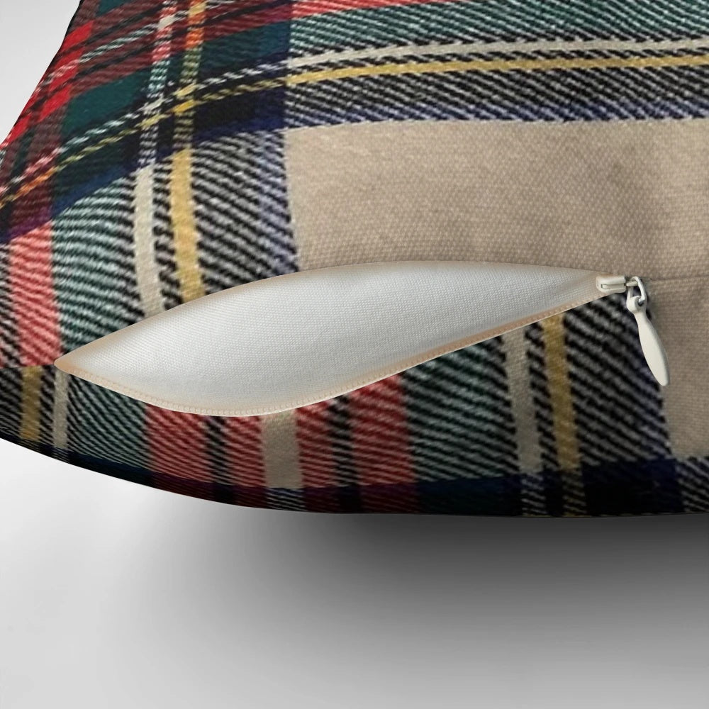 Scottish tartan pattern pillow with red, blue, and white colors