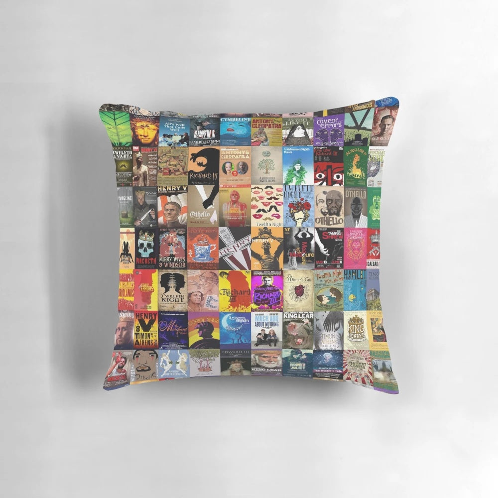 Throw pillow featuring Shakespeare's iconic plays like Hamlet and Macbeth