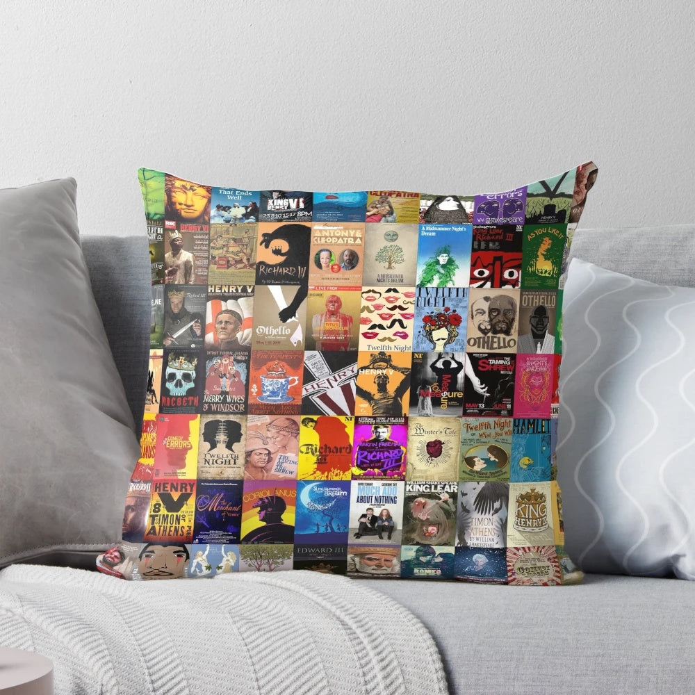 Throw pillow featuring Shakespeare's iconic plays like Hamlet and Macbeth