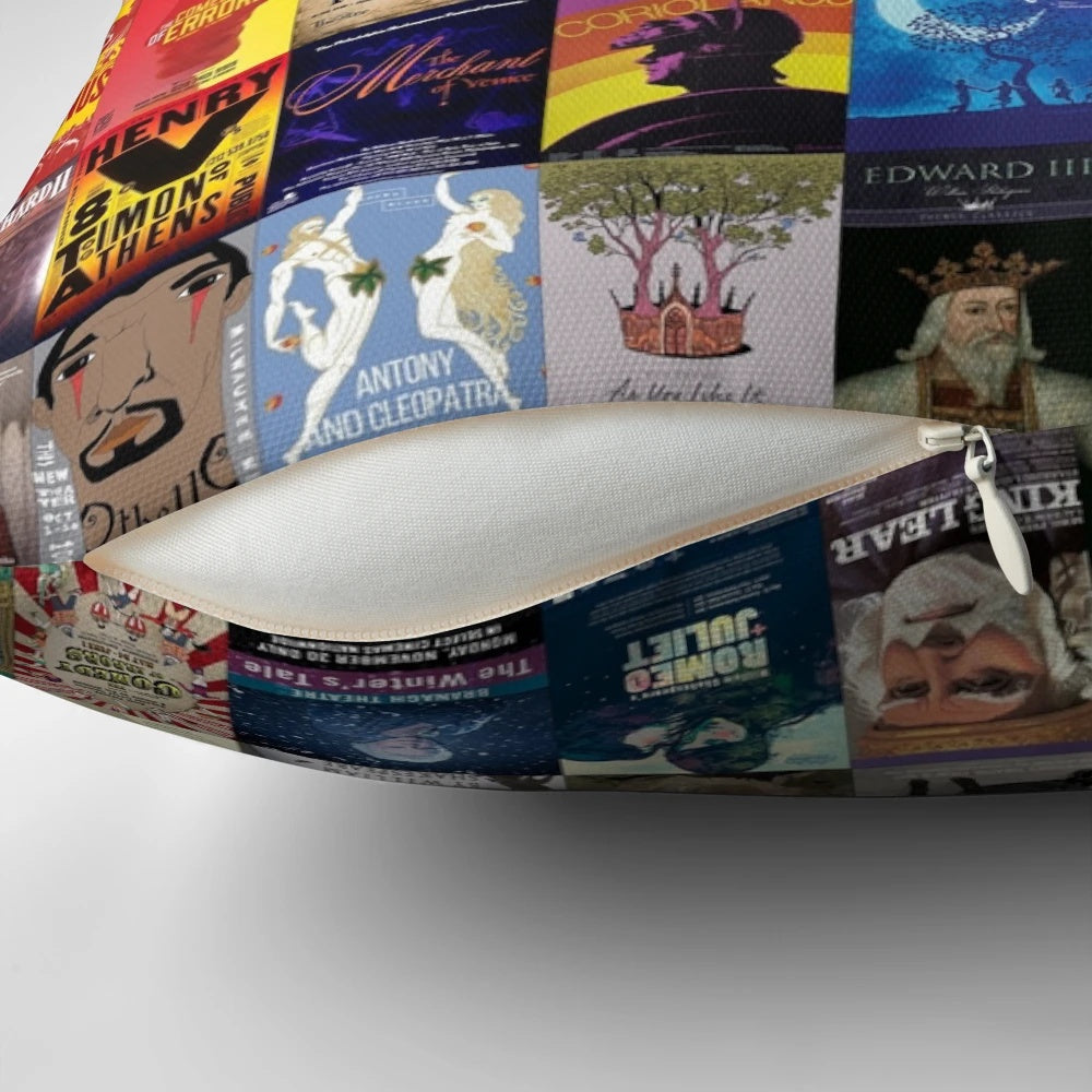 Throw pillow featuring Shakespeare's iconic plays like Hamlet and Macbeth