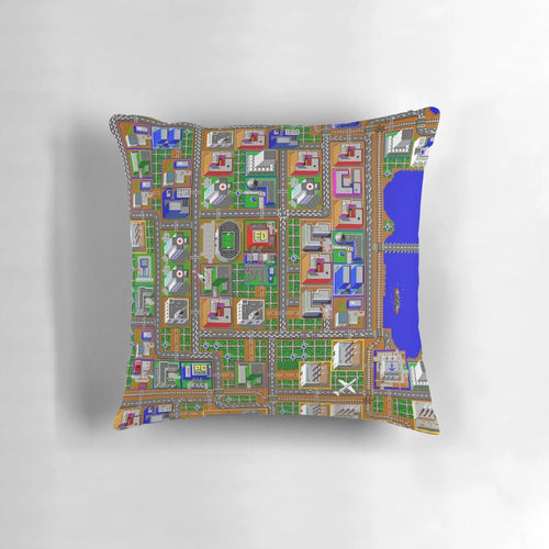 "Retro Sim City 1 pixel art design on a soft, high-quality pillow for classic gaming enthusiasts"