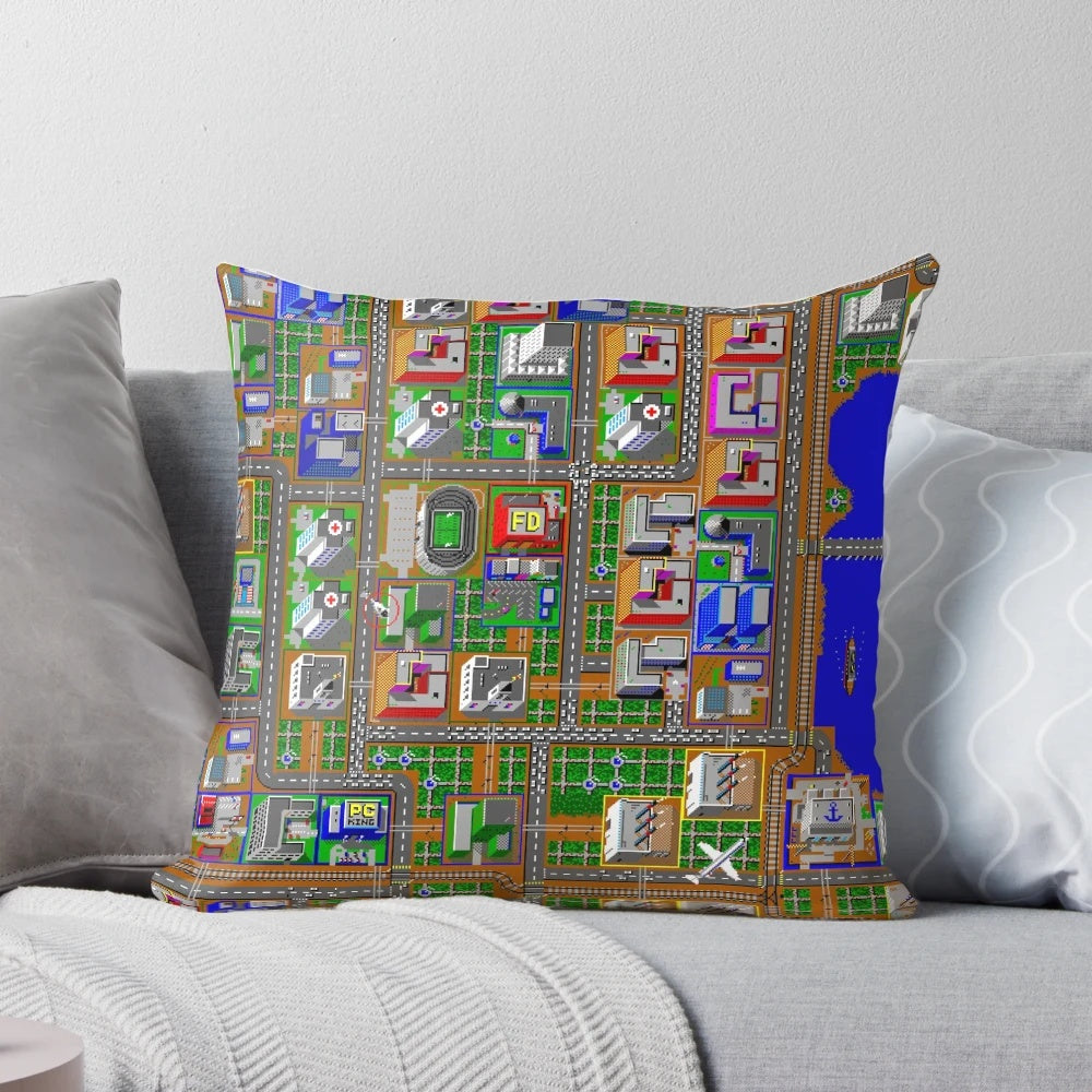 "Retro Sim City 1 pixel art design on a soft, high-quality pillow for classic gaming enthusiasts"