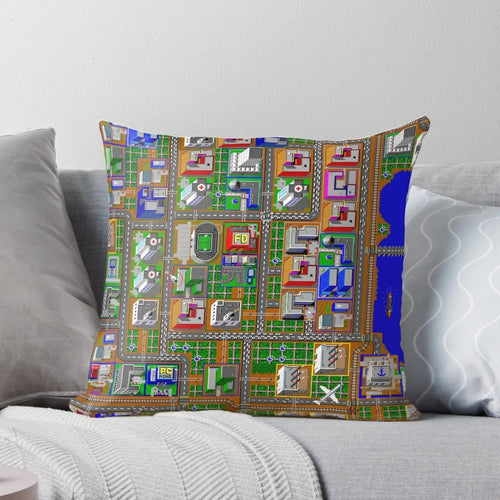 "Retro Sim City 1 pixel art design on a soft, high-quality pillow for classic gaming enthusiasts"