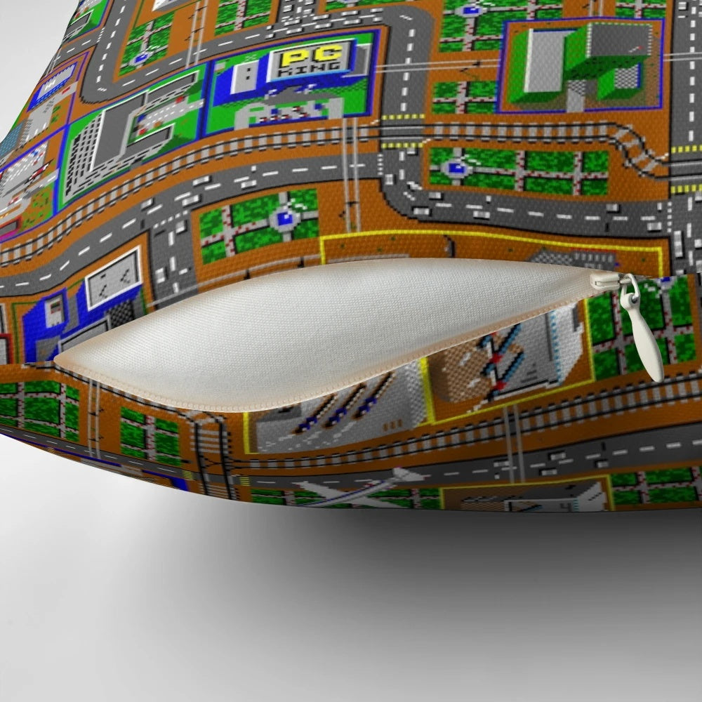 "Retro Sim City 1 pixel art design on a soft, high-quality pillow for classic gaming enthusiasts"