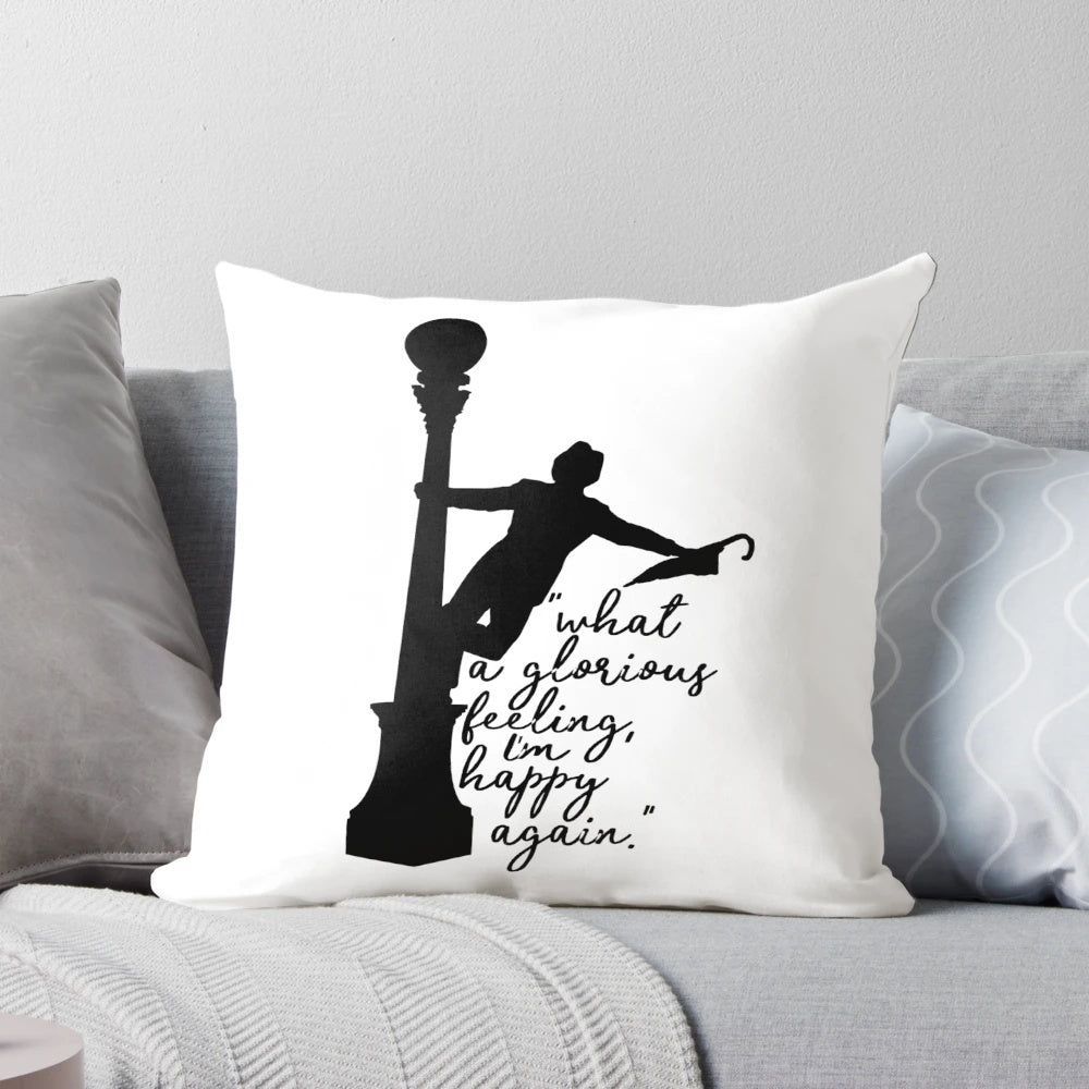 A cozy pillow featuring the iconic "Singing in the Rain" scene, with Gene Kelly and a glorious feeling.