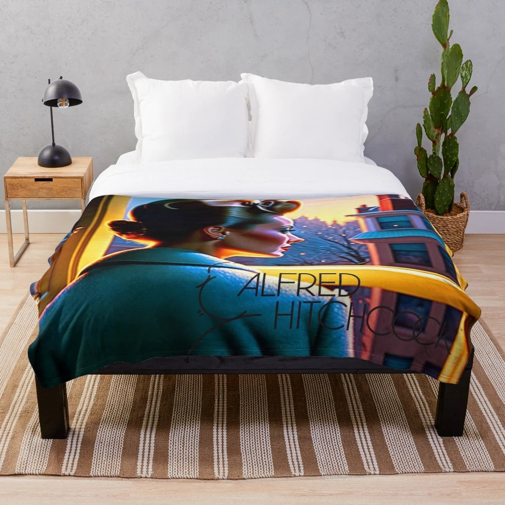 Plush blanket featuring "Rear Window" film imagery and Hitchcock-inspired binoculars
