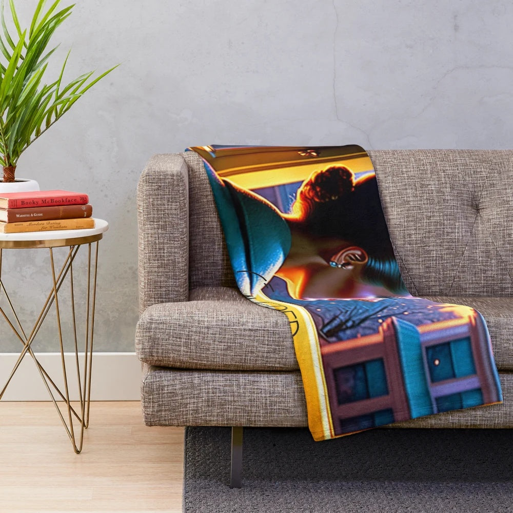 Plush blanket featuring "Rear Window" film imagery and Hitchcock-inspired binoculars