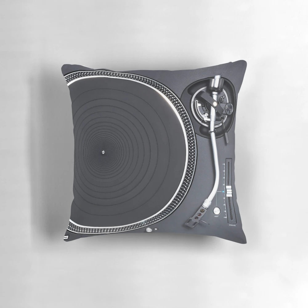 Classic black turntable pillow for music lovers and DJs