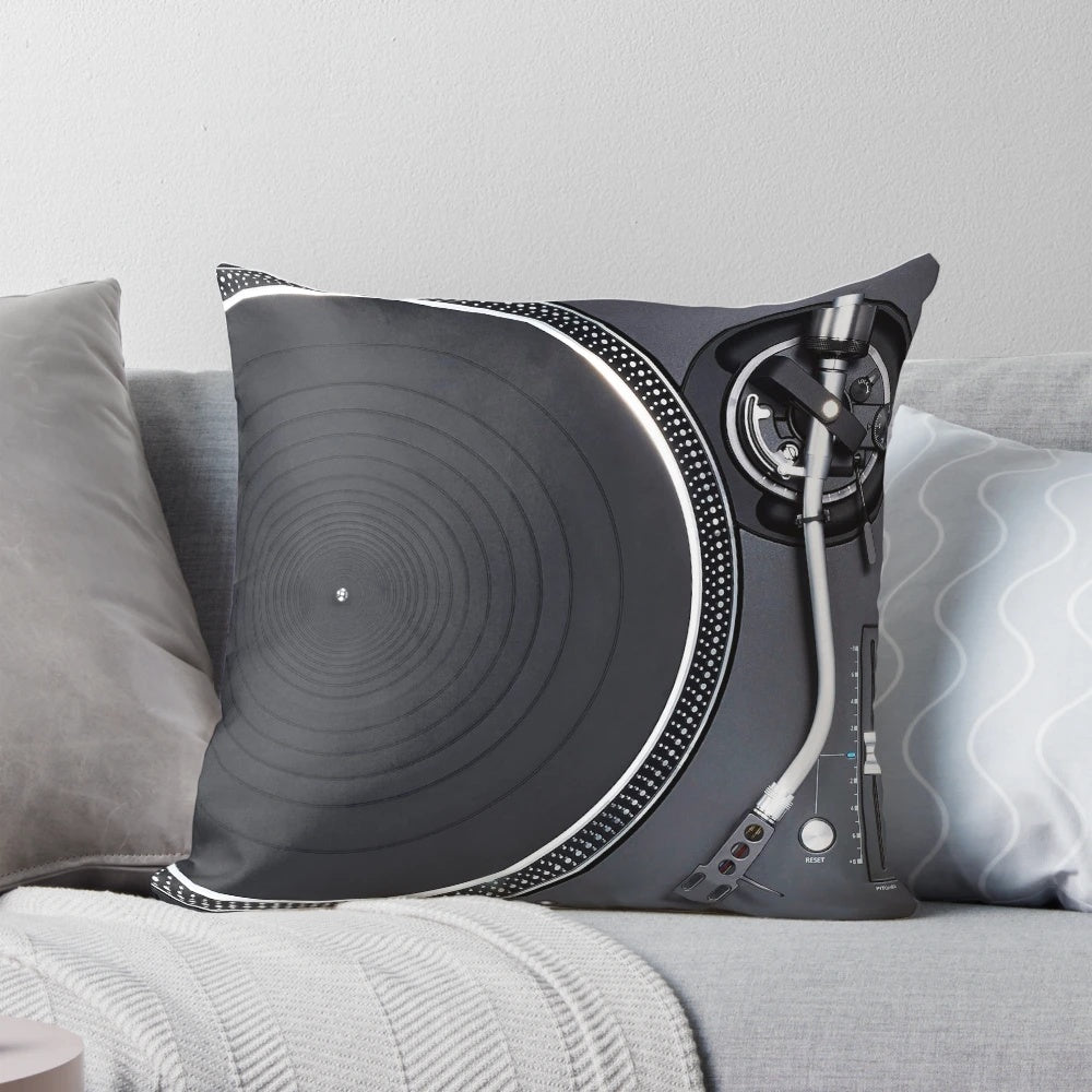 Classic black turntable pillow for music lovers and DJs