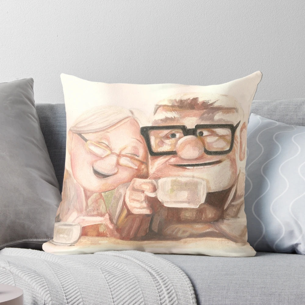 Vintage-style Up movie pillow featuring the characters Carl and Ellie