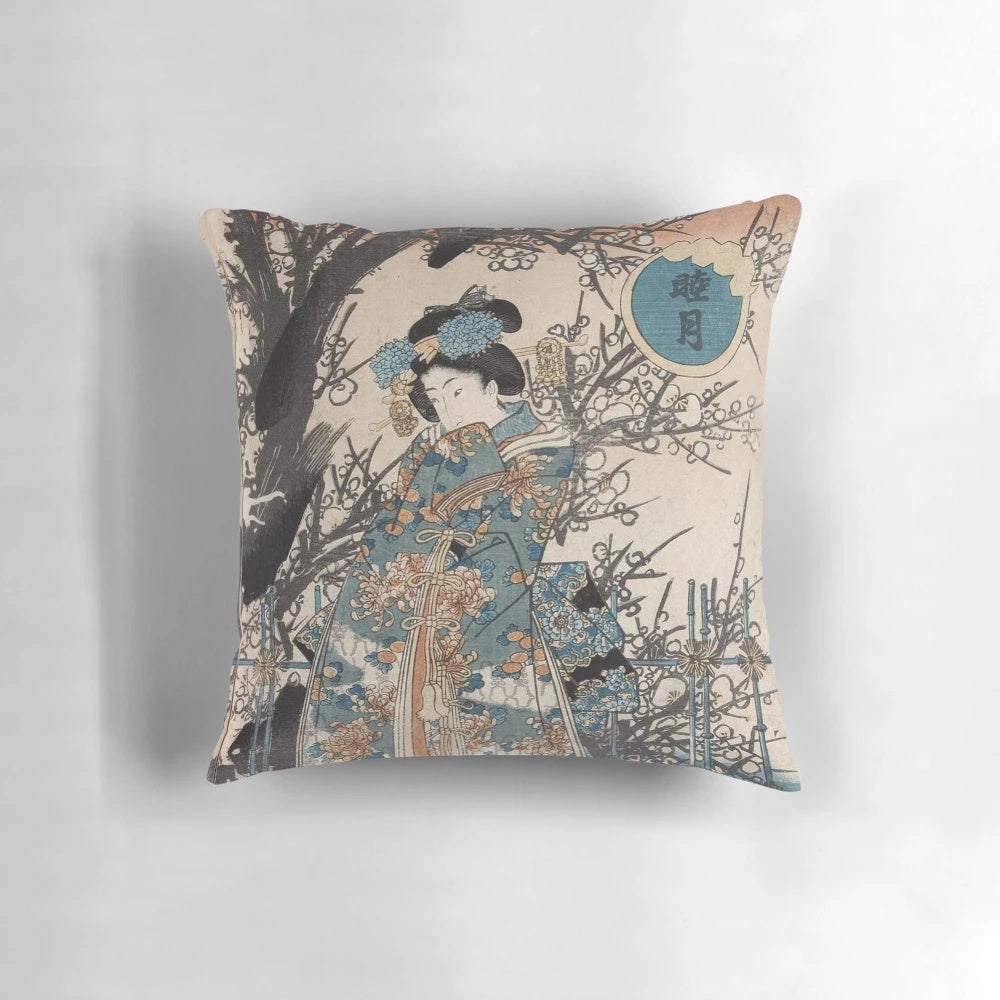 Classic vintage style decorative pillow with a Japanese ukiyo-e inspired geisha portrait design