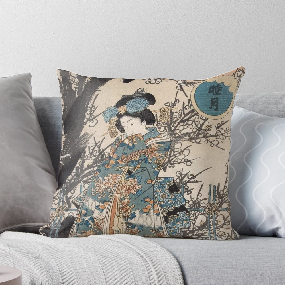 Classic vintage style decorative pillow with a Japanese ukiyo-e inspired geisha portrait design