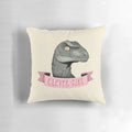 Clever Girl raptor dinosaur throw pillow with pink, pastel colors and vintage movie quote design