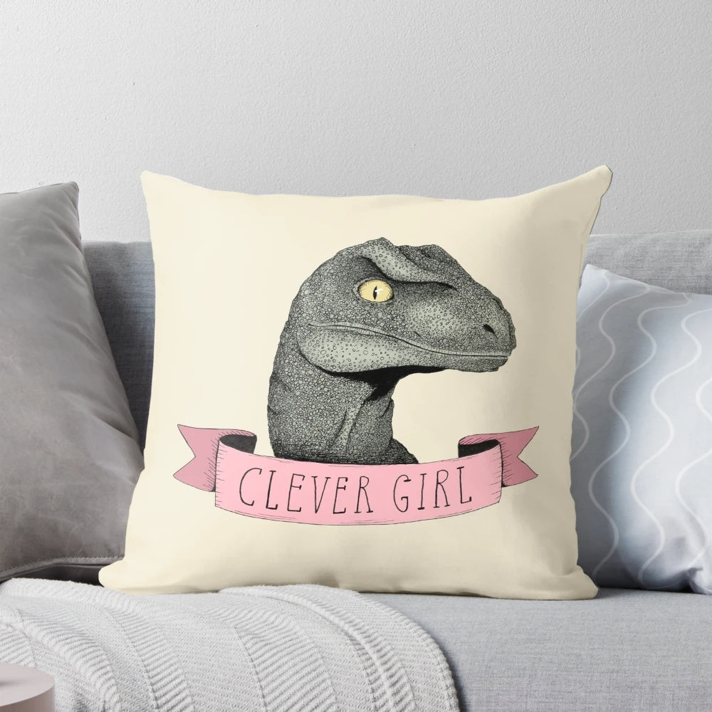 Clever Girl raptor dinosaur throw pillow with pink, pastel colors and vintage movie quote design