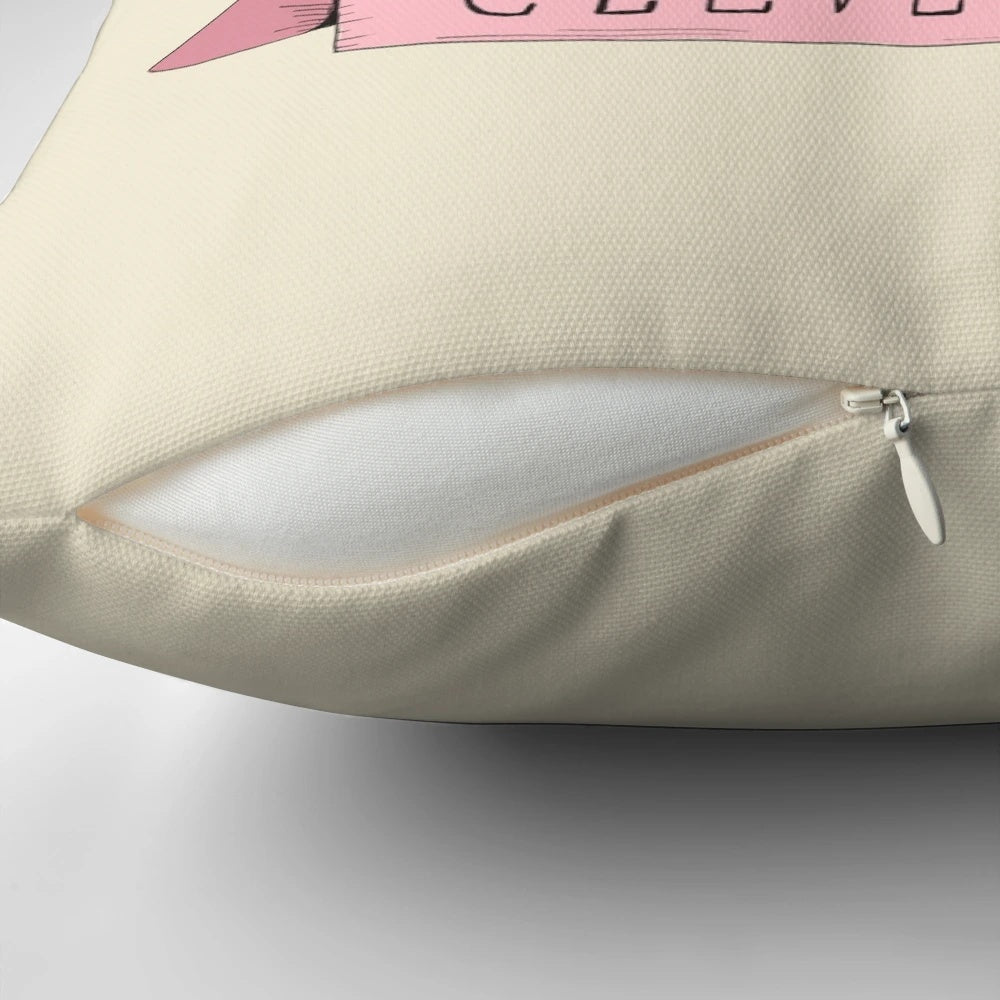 Clever Girl raptor dinosaur throw pillow with pink, pastel colors and vintage movie quote design