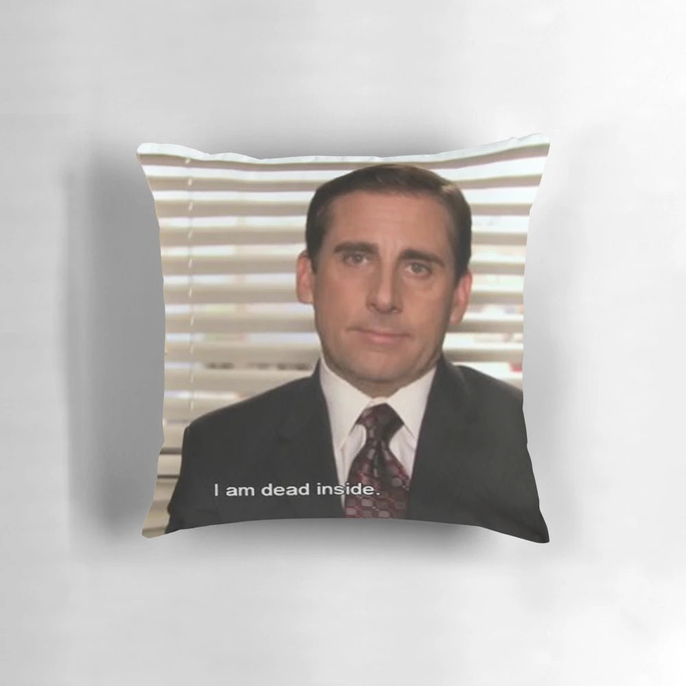 The Office-inspired decorative pillow with a humorous "dead inside" design