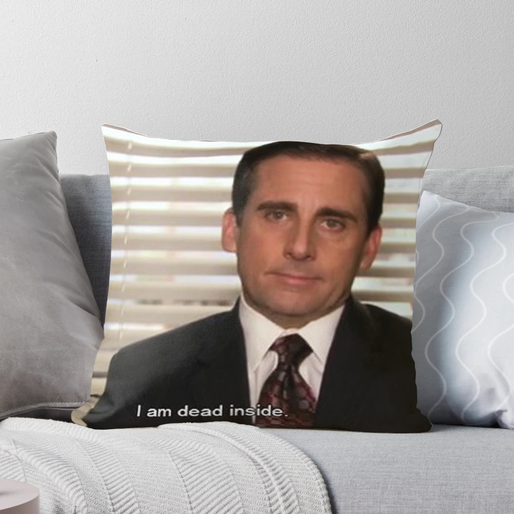 The Office-inspired decorative pillow with a humorous "dead inside" design