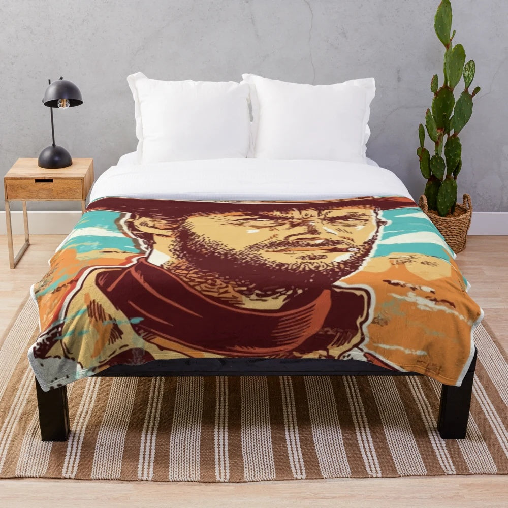 Clint Eastwood-inspired plush blanket with a western cowboy design