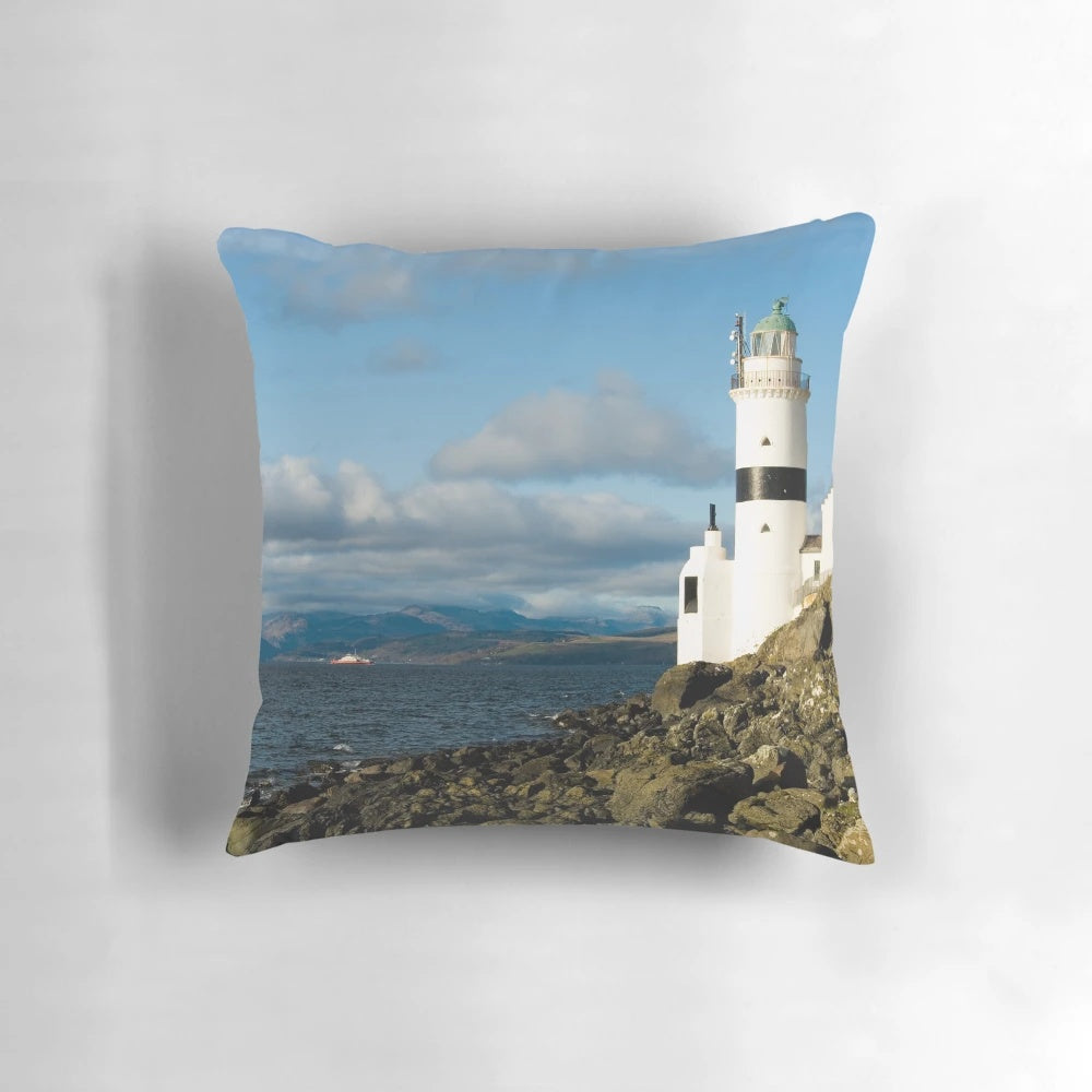 Cloch Lighthouse Pillow, featuring a scenic view of the lighthouse on the River Clyde in Scotland