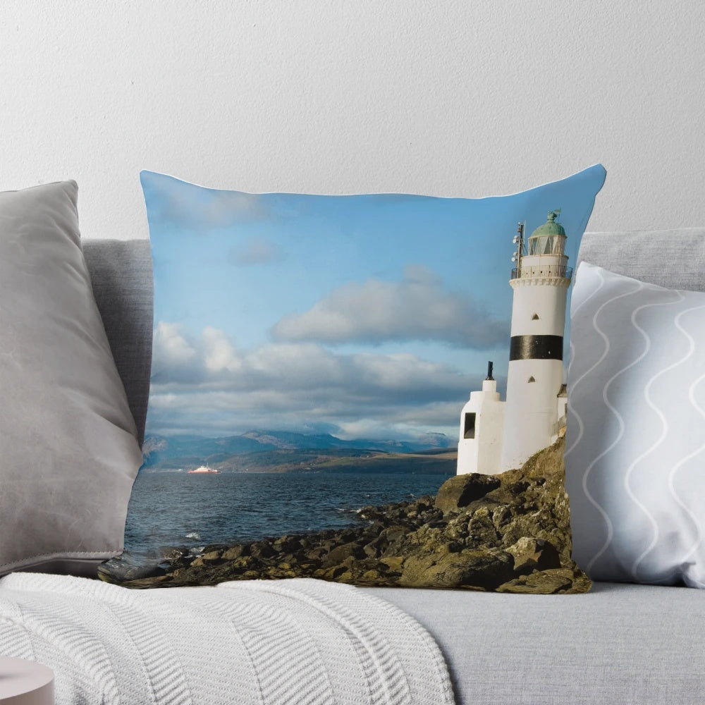 Cloch Lighthouse Pillow, featuring a scenic view of the lighthouse on the River Clyde in Scotland