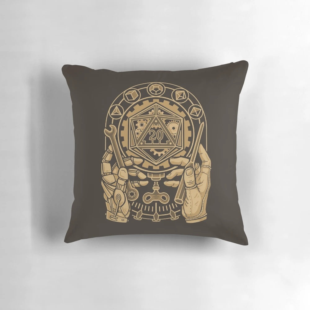 Clockwork-inspired D20 dice pillow for tabletop RPG fans