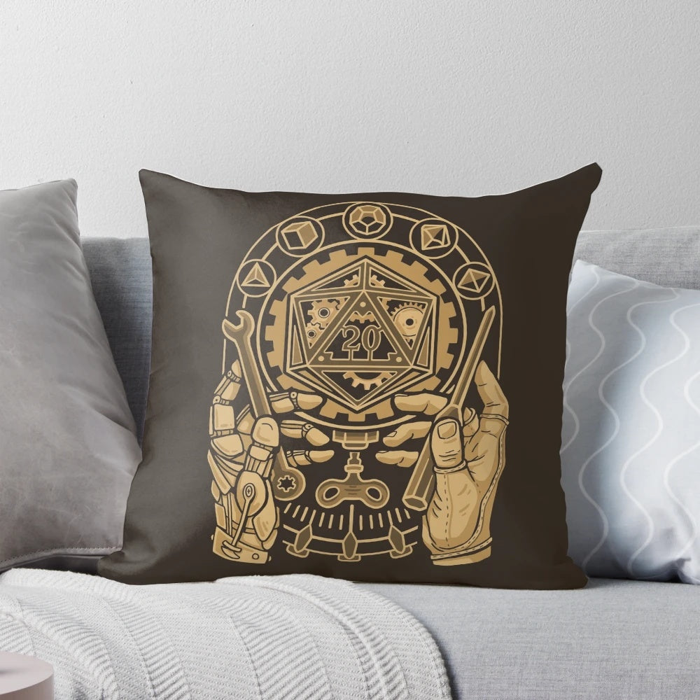 Clockwork-inspired D20 dice pillow for tabletop RPG fans