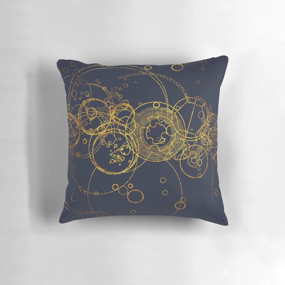 Clockwork writing pattern pillow with space and fantasy elements
