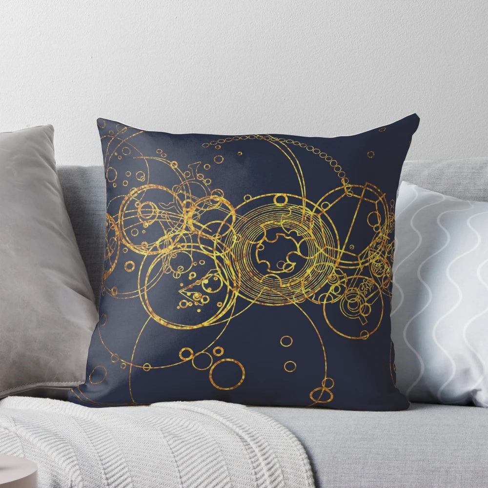 Clockwork writing pattern pillow with space and fantasy elements