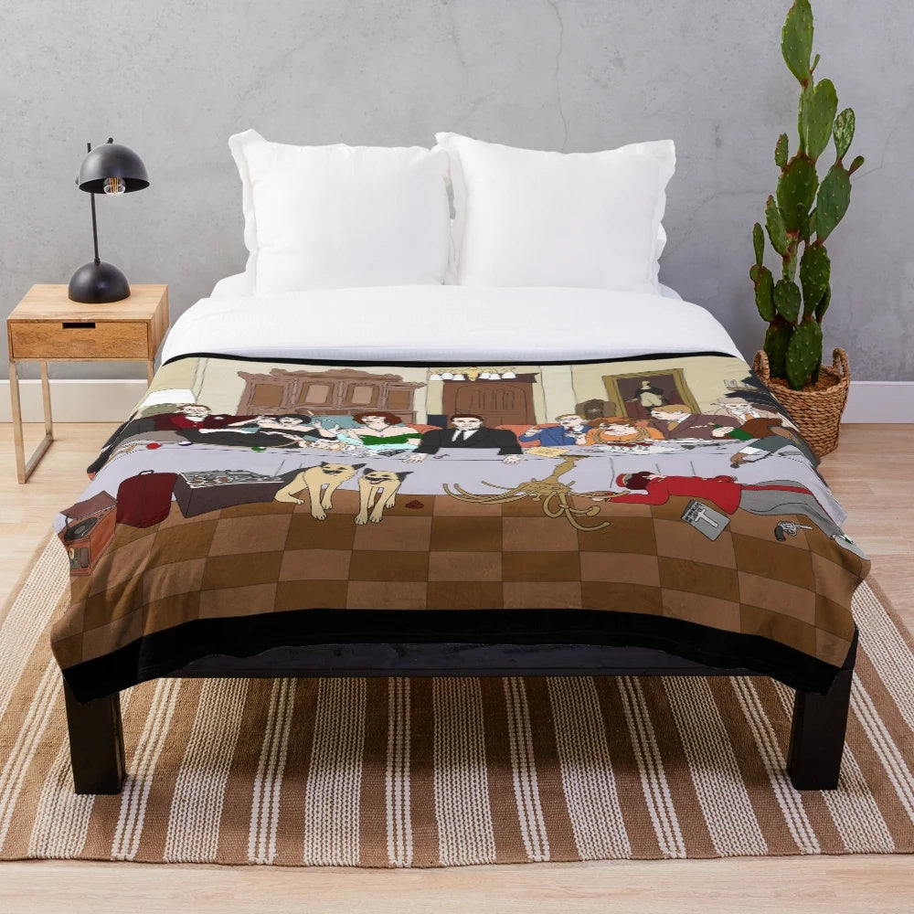Clue movie-themed plush blanket featuring The Last Supper scene at Boddy Mansion