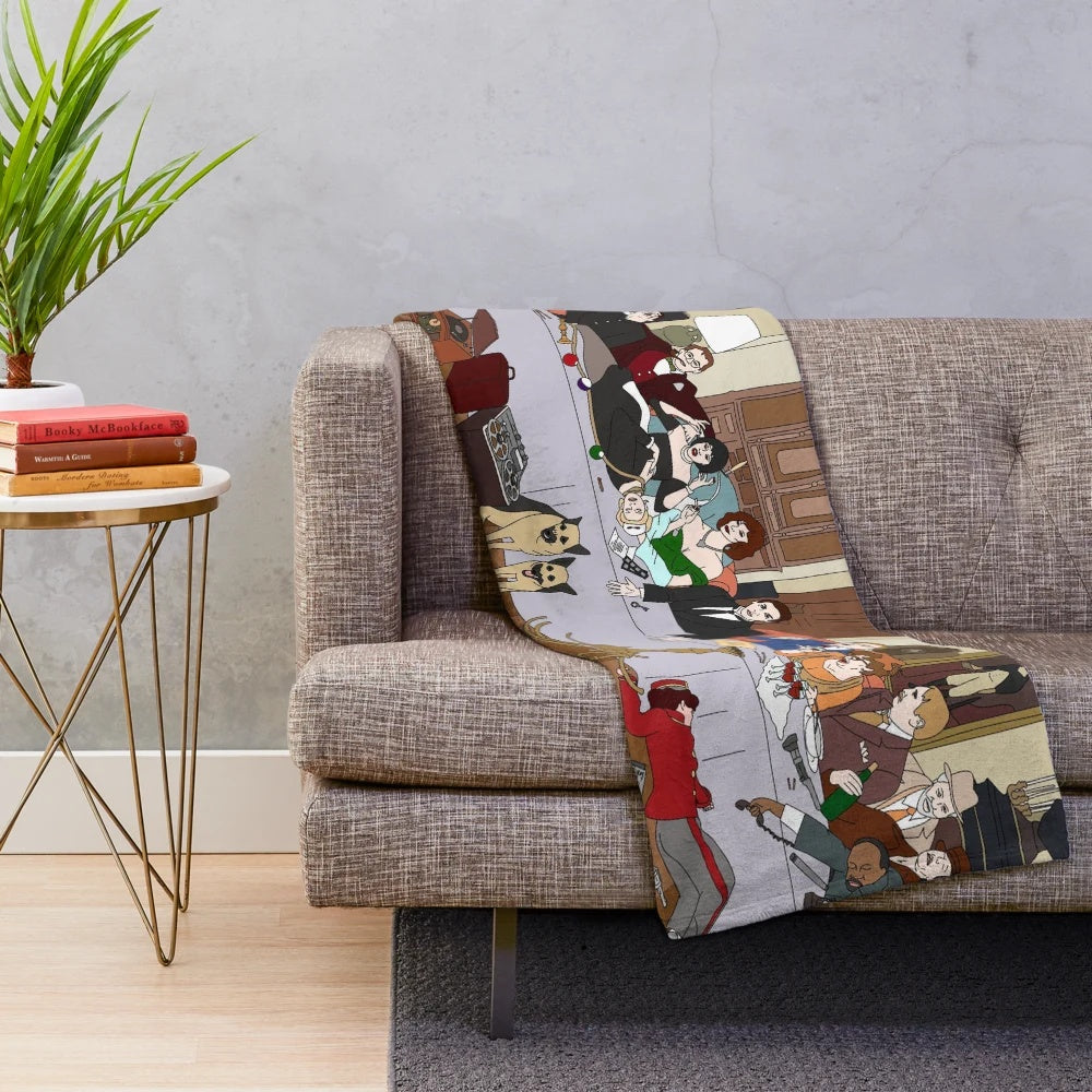 Clue movie-themed plush blanket featuring The Last Supper scene at Boddy Mansion