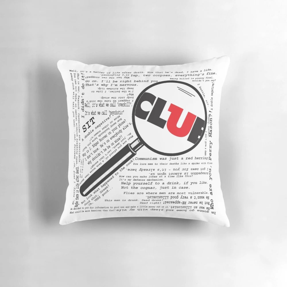 Clue movie quotes printed on a soft, vintage-style pillow