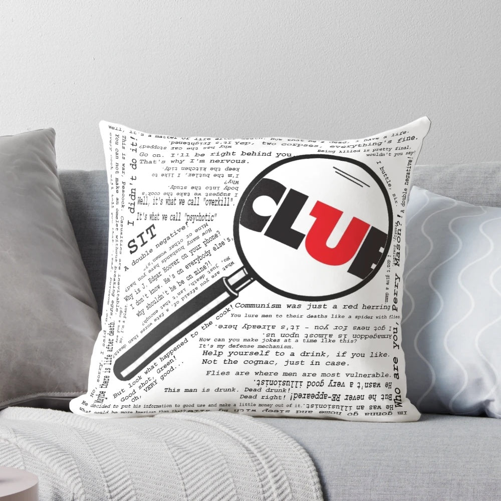 Clue movie quotes printed on a soft, vintage-style pillow