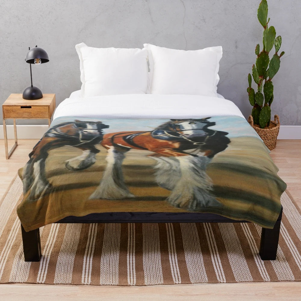 Clydesdale horse plush blanket featuring a realistic oil painting-style design