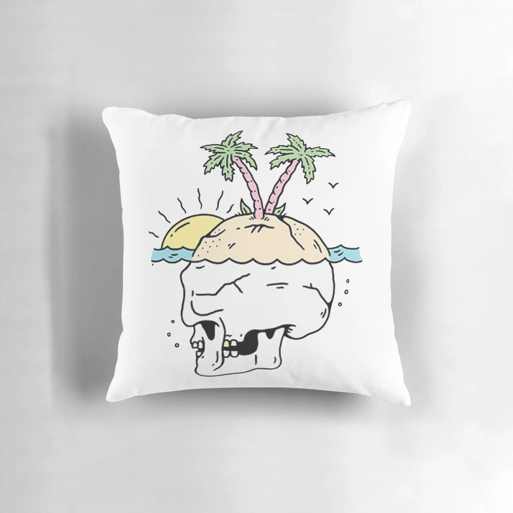 Decorative beach-themed skull pillow for coastal home and summer decor