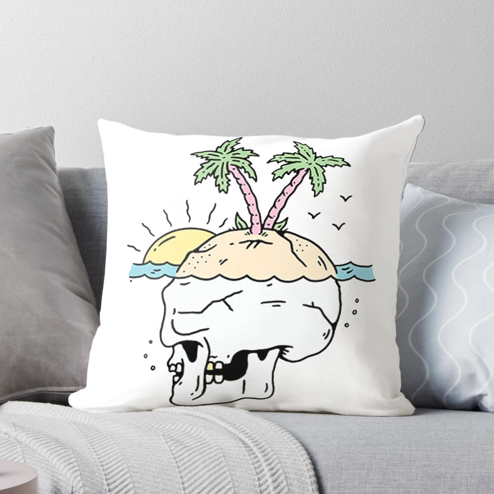 Decorative beach-themed skull pillow for coastal home and summer decor