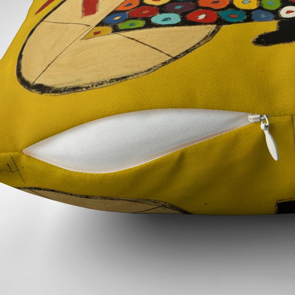 A colorful bicycle-themed pillow with a Buddhist monk design, perfect for coastal or beach-inspired decor.