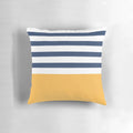 Blue and white striped decorative pillow with yellow geometric pattern, perfect for nautical or coastal home decor