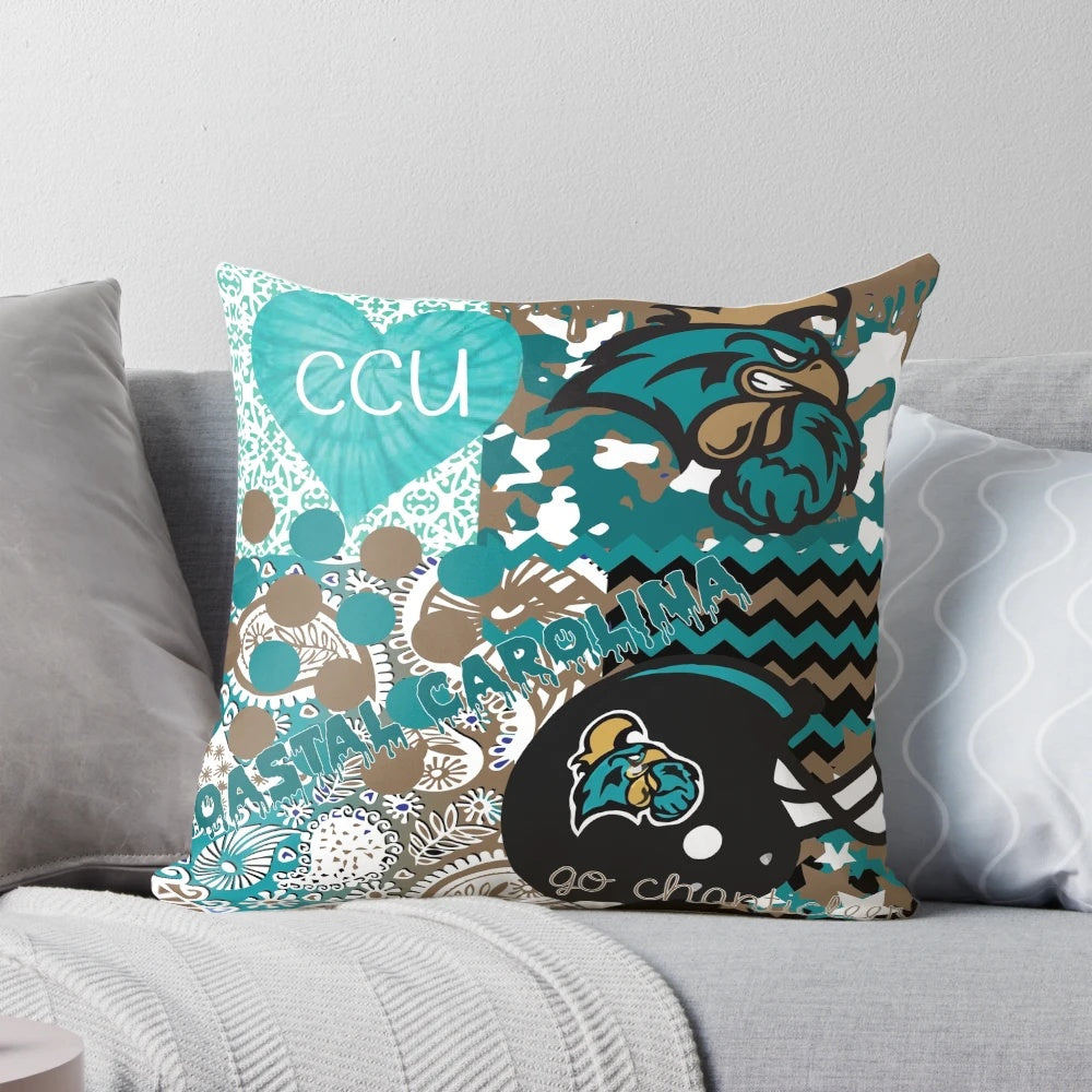 Coastal Carolina University-themed collage pillow featuring the Chanticleers logo and school colors