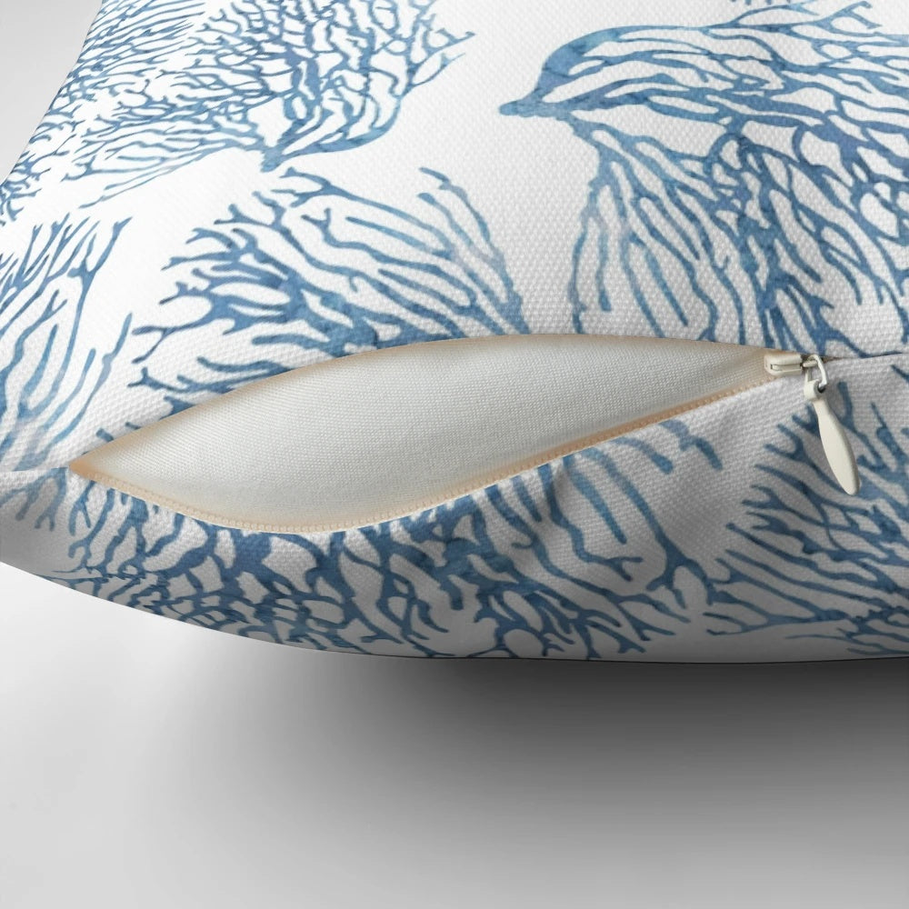 Decorative throw pillow featuring a watercolor-style blue sea fan coral pattern, perfect for coastal-inspired home decor.