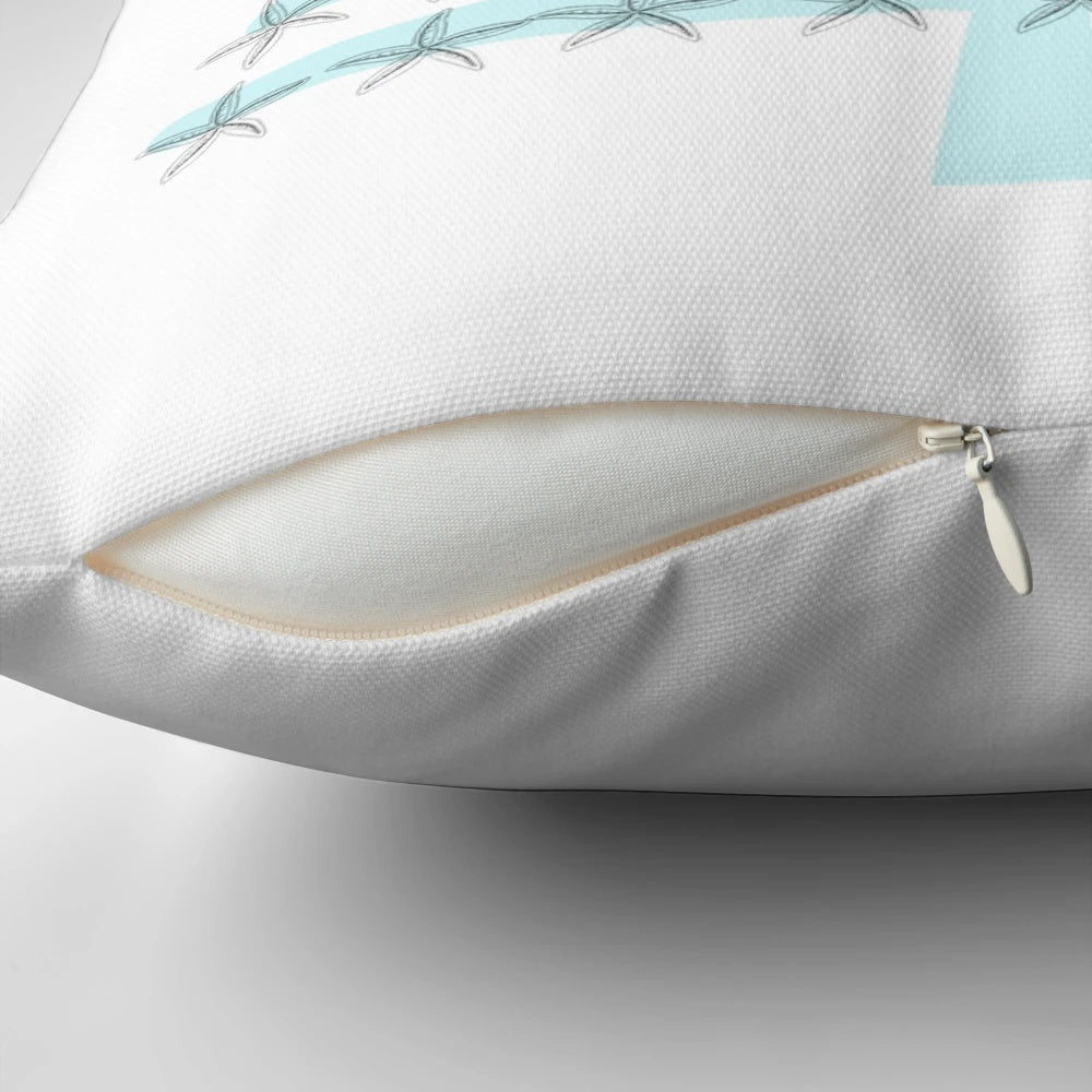Coastal-inspired Christmas pillow with starfish, seahorse, and ocean-themed design