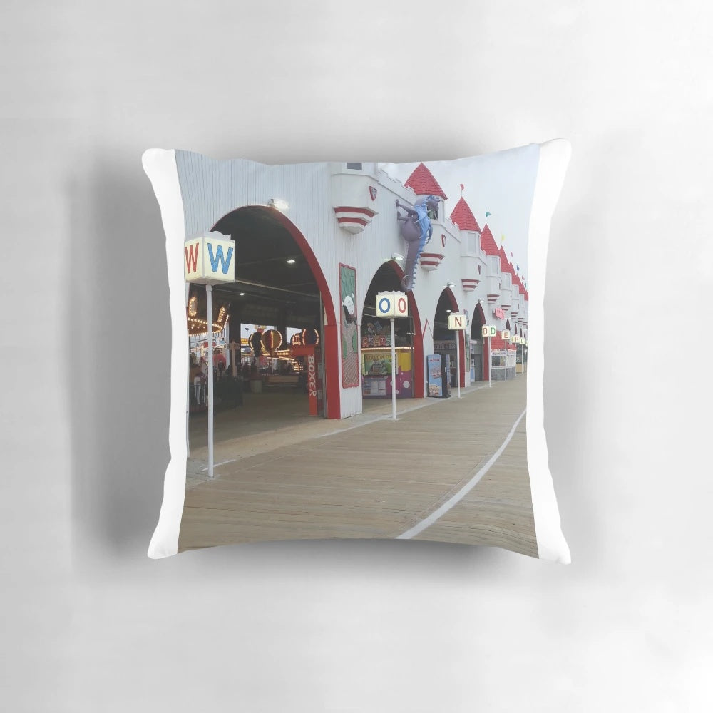 Gillian's Wonderland Pier Pillow, featuring a coastal beach theme design