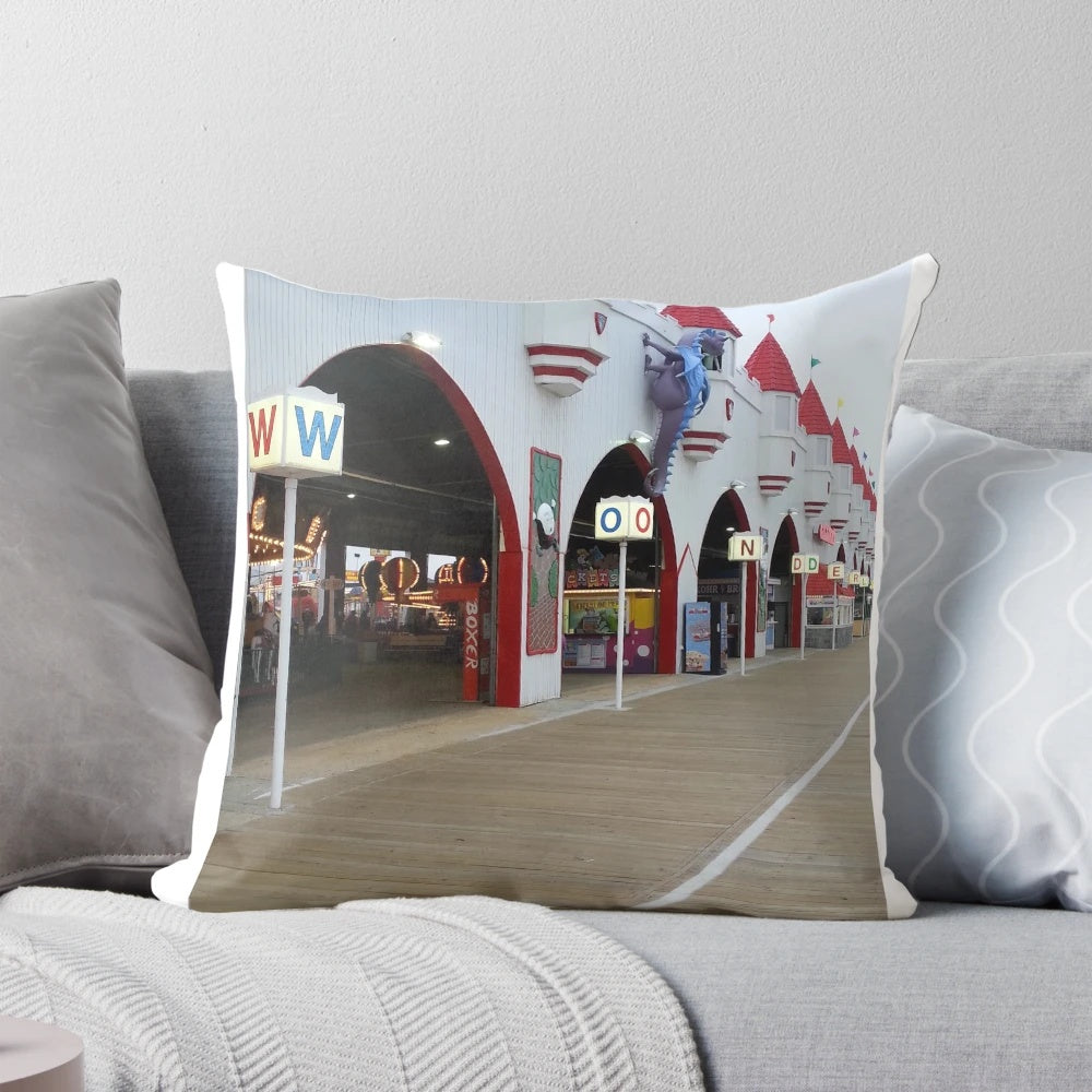 Gillian's Wonderland Pier Pillow, featuring a coastal beach theme design