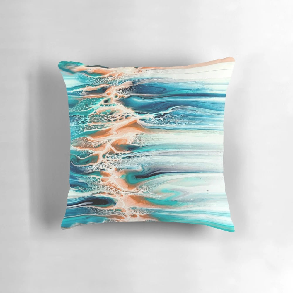 Coral, blue, teal, and grey ocean inspired abstract fluid art pillow
