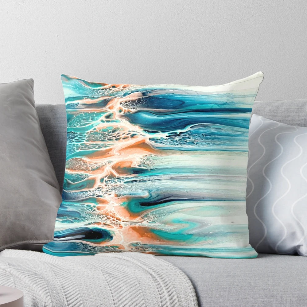 Coral, blue, teal, and grey ocean inspired abstract fluid art pillow